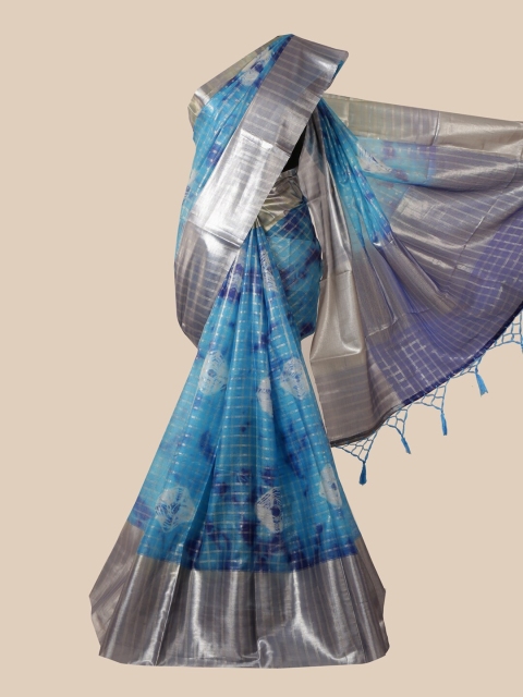 

Pothys Blue & Silver-Toned Checked Tissue Saree