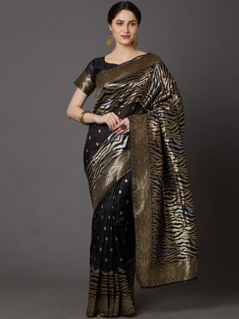 

Mitera Black & Gold-Toned Woven Design Silk Blend Banarasi Saree
