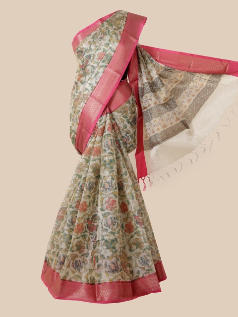 

Pothys Cream & Pink Floral Tissue Saree