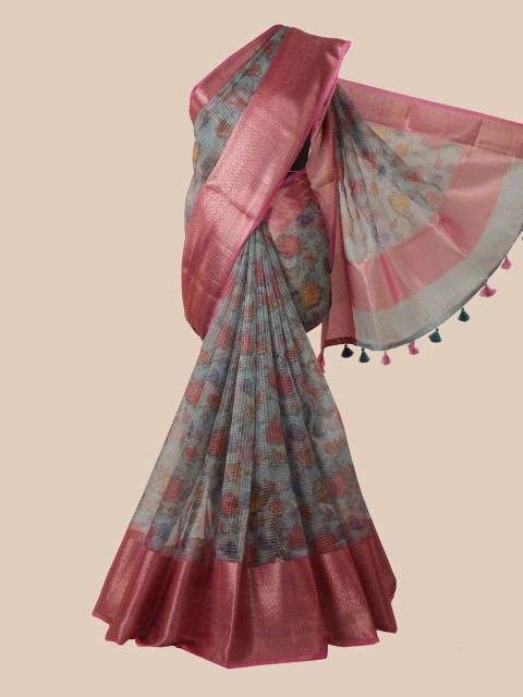 

Pothys Green & Pink Floral Zari Tissue Saree