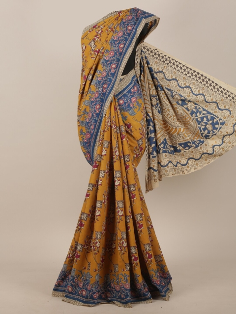 

Pothys Mustard Yellow & Blue Kalamkari Printed Cotton Saree