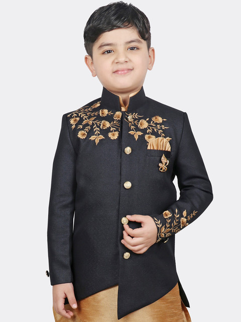 

SG YUVRAJ Boys Navy Blue & Gold-Toned Floral Embroidered Tailored Jacket
