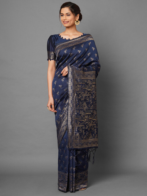 

Mitera Navy Blue Toned Ethnic Motifs Zari Silk Blend Banarasi Saree With Matching Blouse