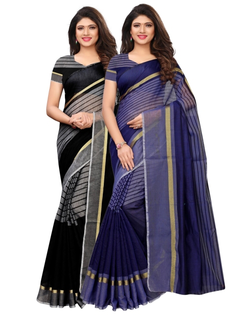 KALINI Pack of 2 Navy Blue & Black Striped Silk Blend Saree