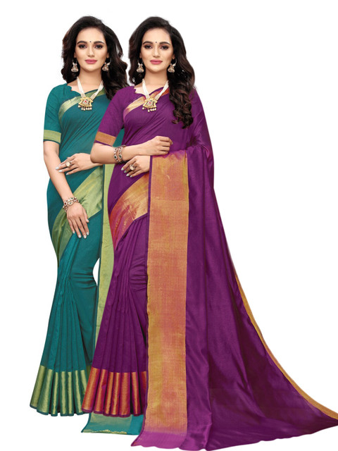 

KALINI Pack Of 2 Green & Purple Silk Cotton Sarees