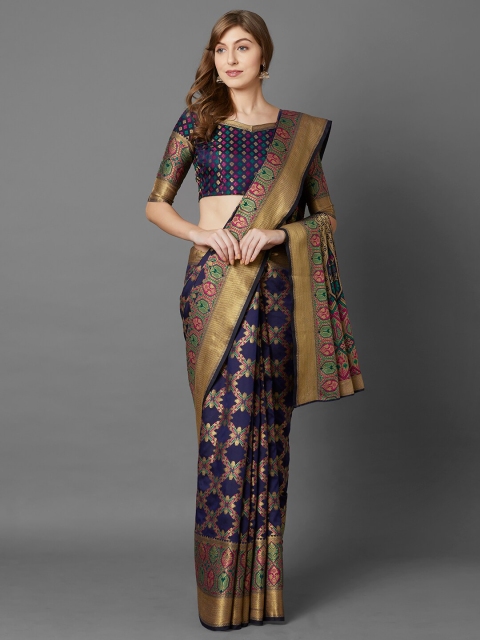 

Mitera Navy Blue & Pink Ethnic Motifs Silk Blend Saree