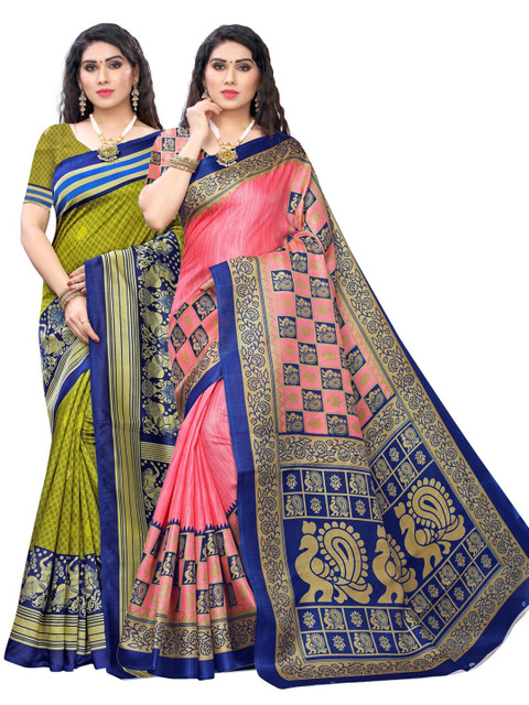 

KALINI Green & Pink Pack of 2 Floral Art Silk Saree