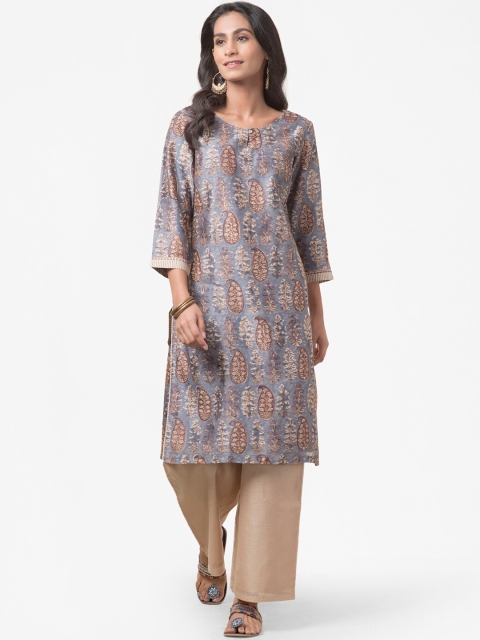 

Fabindia Women Blue Ethnic Motifs Printed Cold-Shoulder Sleeves Kurta