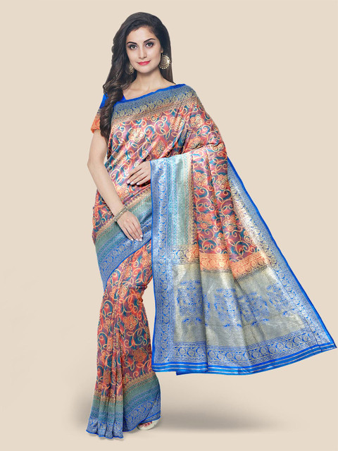 

KLM Fashion Mall Pink & Blue Ethnic Motifs Silk Blend Banarasi Saree