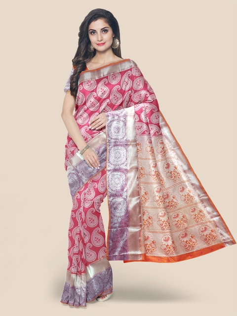 

KLM Fashion Mall Pink & Silver-Coloured Paisley Silk Blend Kanjeevaram Saree