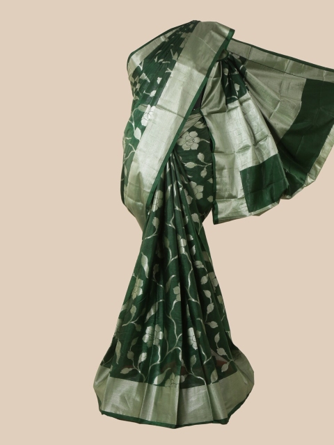 

Pothys Green & Silver-Toned Floral Silk Blend Saree