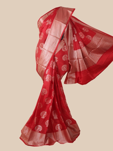 

Pothys Red & Silver-Toned Floral Silk Blend Saree