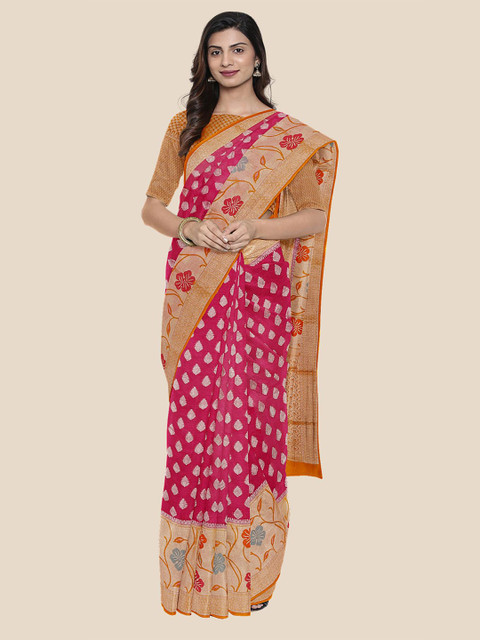 

KLM Fashion Mall Pink & Yellow Ethnic Motifs Zari Silk Blend Saree