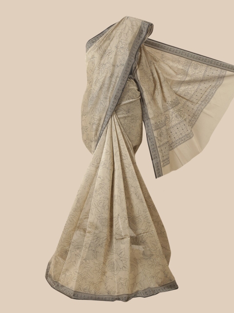 

Pothys Cream-Coloured & Black Floral Chanderi Saree