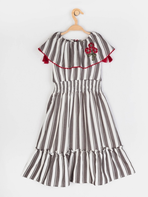 Peppermint Girls Grey Striped Off-Shoulder Midi Fit & Flare Dress