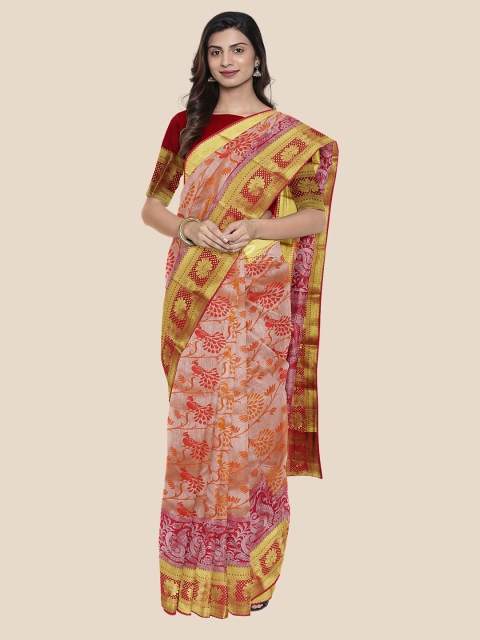

KLM Fashion Mall Orange & Pink Woven Design Silk Blend Kanjeevaram Saree