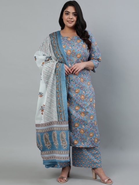 

Nayo Women Blue Pure Cotton Floral Printed Regular Kurta With Trousers & Dupatta