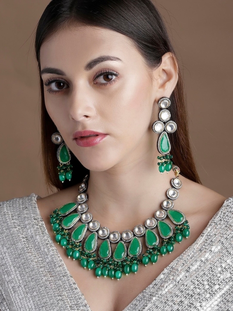 

rubans LUXURY Silver-Plated Green & White Kundan & Stone-Studded Beaded Handcrafted Jewellery Set