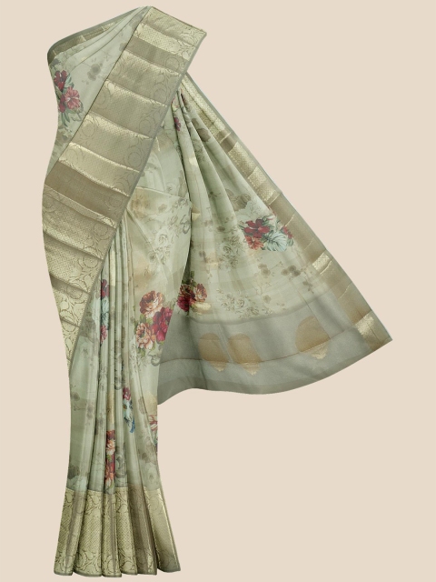 

KLM Fashion Mall Green & Gold-Toned Floral Zari Silk Blend Banarasi Saree