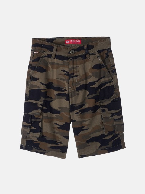 

Monte Carlo Boys Olive Green Camouflage Printed Mid-Rise Cargo Shorts