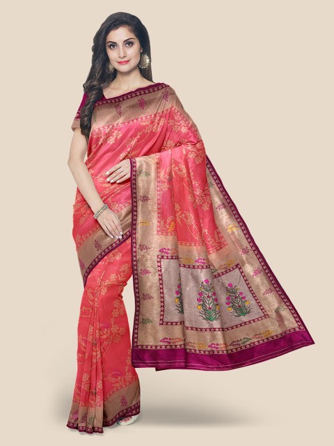 

KLM Fashion Mall Pink & Purple Floral Zari Silk Blend Banarasi Saree