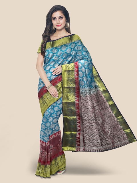 

KLM Fashion Mall Blue & Maroon Woven Design Silk Blend Kanjeevaram Saree
