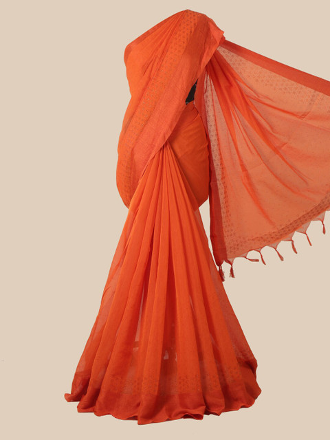 

Pothys Orange & Silver-Toned Embellished Beads and Stones Jute Silk Saree