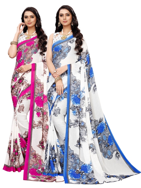 

KALINI White & Blue Floral Pack of 2 Pure Georgette Saree