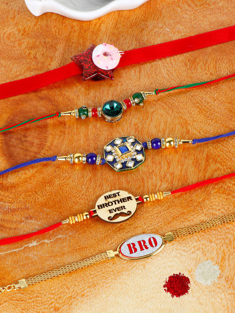 

PASSION PETALS Combo of 5 Rakhi with Roli Chawal & Card, Red