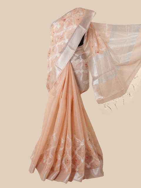 

Pothys Peach & White Floral Jute Cotton Saree