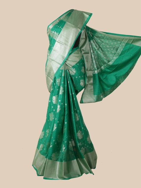 

Pothys Green & Silver-Toned Woven Design Silk Blend Saree