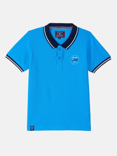 

Monte Carlo Boys Cotton Blend Blue Typography Printed Colorblocked Polo Collar Tshirt
