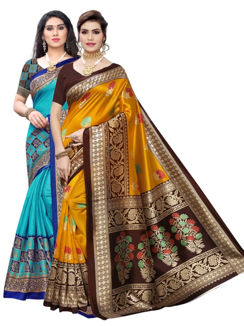 

KALINI Pack of 2 Blue & Mustard Yellow Woven Design Art Silk Saree