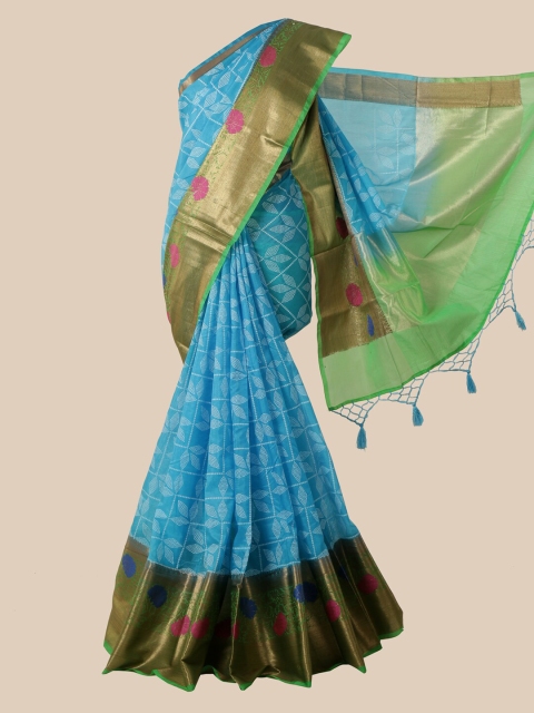 

Pothys Blue & Magenta Checked Silk Blend Saree