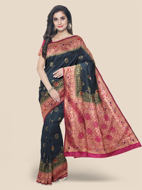 

KLM Fashion Mall Black & Pink Ethnic Motifs Zari Silk Blend Banarasi Saree