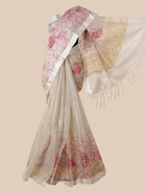 

Pothys Cream & Pink Floral Tissue Saree