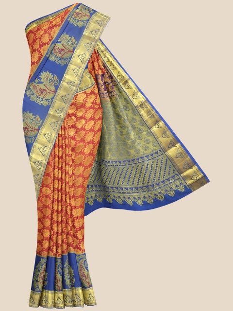 

KLM Fashion Mall Orange & Blue Floral Zari Silk Blend Kanjeevaram Saree