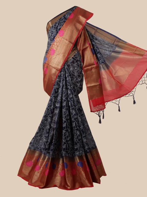 

Pothys Navy Blue & Red Floral Zari Silk Blend Saree