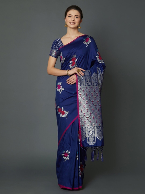 

Mitera Navy Blue & Pink Ethnic Motifs Zari Silk Blend Banarasi Saree