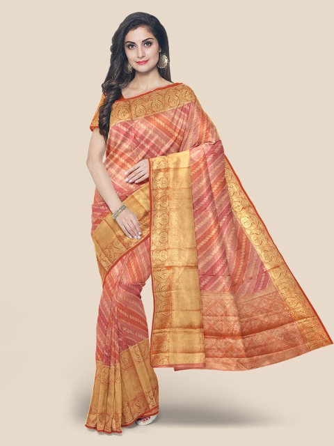 

KLM Fashion Mall Orange & Gold-Toned Striped Zari Silk Blend Banarasi Saree