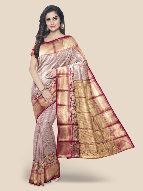 

KLM Fashion Mall Pink & Gold-Toned Woven Design Zari Silk Blend Kanjeevaram Saree