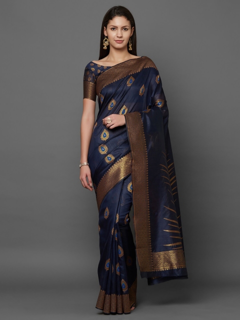 

Mitera Navy Blue & Gold-Toned Woven Design Zari Silk Blend Banarasi Saree