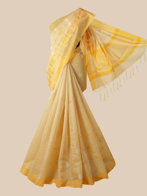 

Pothys Yellow Ethnic Motifs Embroidered Jute Cotton Heavy Work Saree