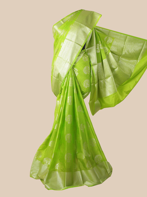 

Pothys Green & Silver-Toned Floral Silk Blend Saree