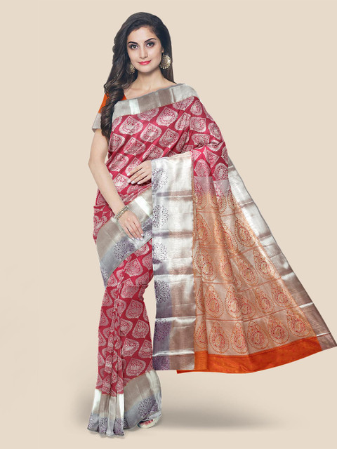 

KLM Fashion Mall Pink & Orange Woven Design Zari Silk Blend Kanjeevaram Saree