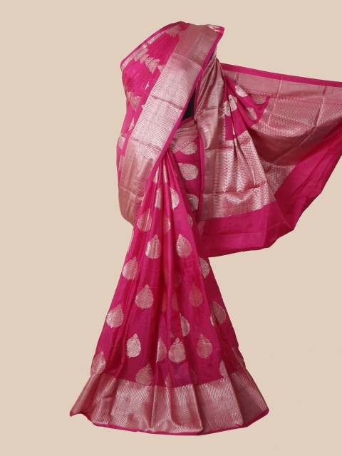 

Pothys Pink & Silver-Toned Floral Silk Blend Saree