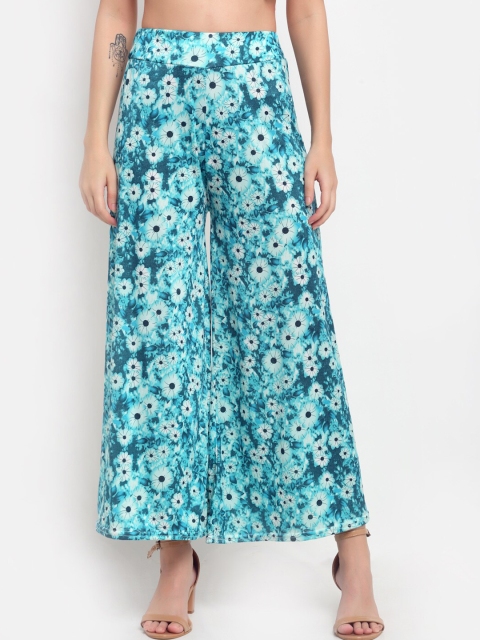 

NEUDIS Women Blue & White Floral Printed Flared Knitted Palazzos