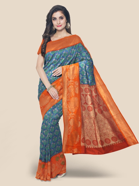 

KLM Fashion Mall Blue & Orange Floral Zari Silk Blend Saree