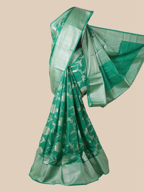 Pothys Green & Silver-Toned Floral Silk Blend Tussar Saree