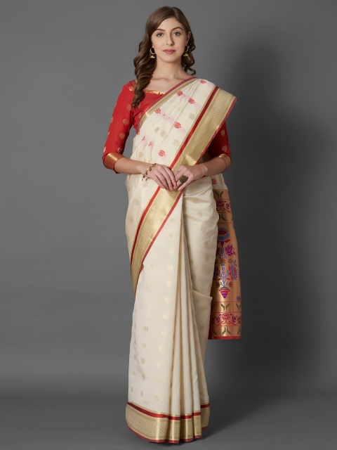 

Mitera Off White & Red Floral Zari Silk Blend Banarasi Saree